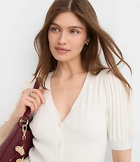 Pointelle Puff Sleeve V-Neck Cardigan