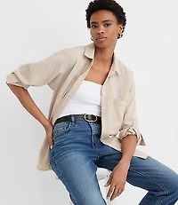 Petite Crosshatch Linen Cotton Everyday Oversized Pocket Shirt