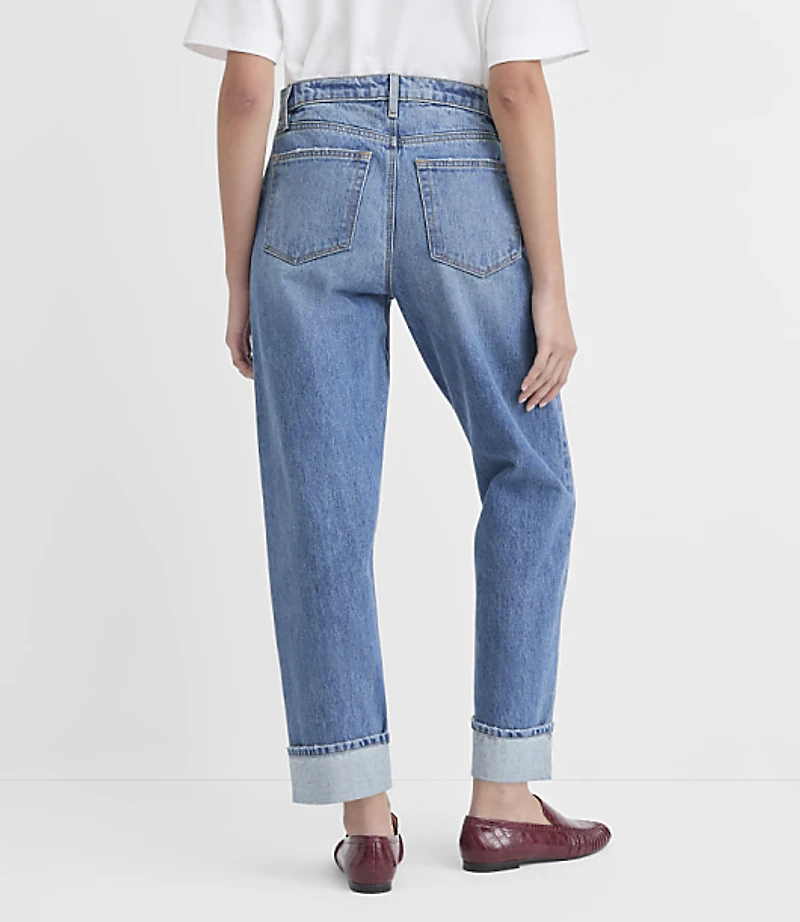 Rivete Selvedge Cuffed High Rise Straight Jeans Medium Stone Wash