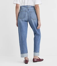Rivete Selvedge Cuffed High Rise Straight Jeans Medium Stone Wash