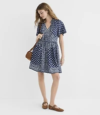 Petite Bandana Print Ruffle Tie Neck Mini Pocket Dress