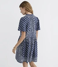 Petite Bandana Print Ruffle Tie Neck Mini Pocket Dress