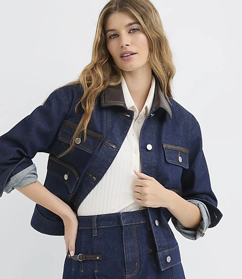 Faux Leather Trim Denim Jacket Classic Rinse Wash