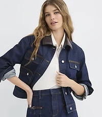 Faux Leather Trim Denim Jacket Classic Rinse Wash