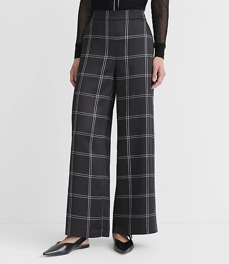 Fluid Pull On Wide Leg Pants Plaid Satin