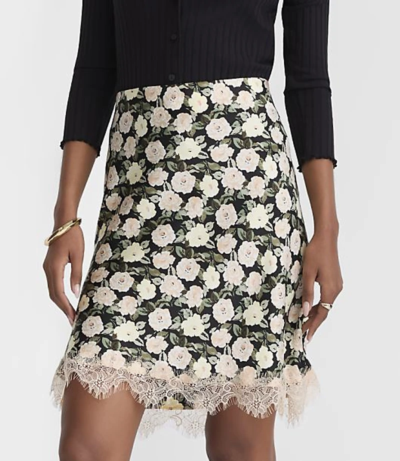 Floral Lace Trim Satin Mini Skirt