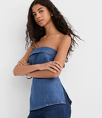 Denim Foldover Strapless Top Classic Mid Wash