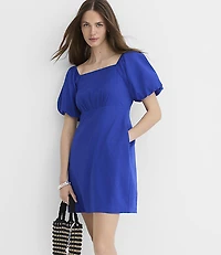 Petite Linen Cotton Puff Sleeve Mini Pocket Dress