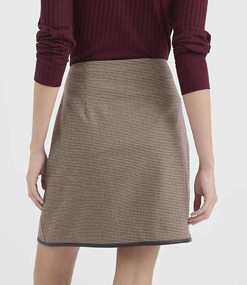Faux Leather Trim Mini Wrap Skirt Houndstooth