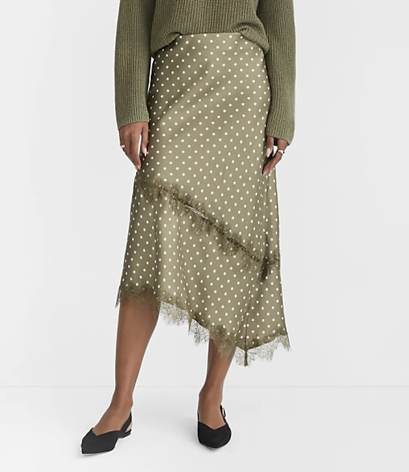 Dotted Lace Trim Satin Asymmetrical Midi Skirt