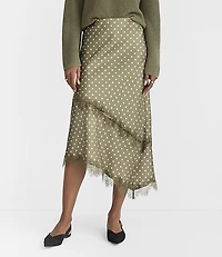 Dotted Lace Trim Satin Asymmetrical Midi Skirt
