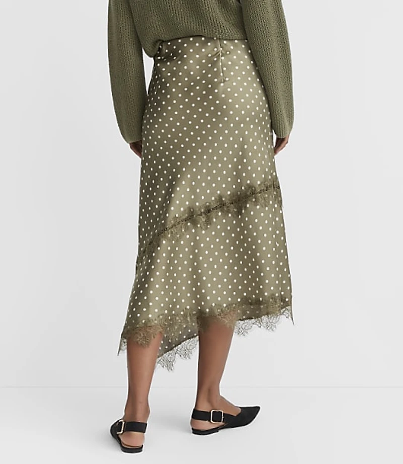Dotted Lace Trim Satin Asymmetrical Midi Skirt