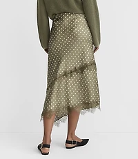 Dotted Lace Trim Satin Asymmetrical Midi Skirt