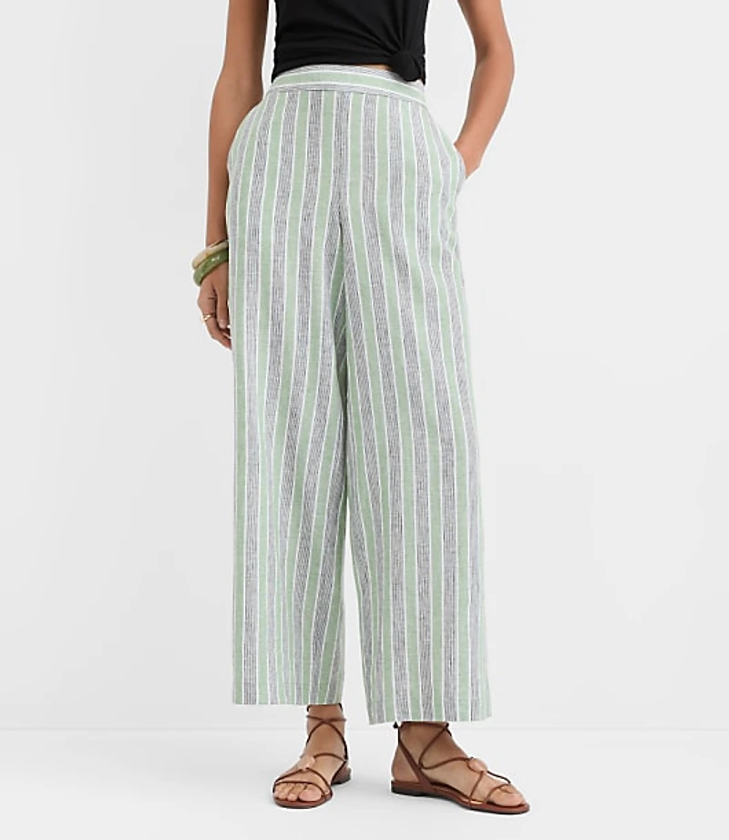 Petite Pull On Wide Leg Pants Striped Linen Cotton