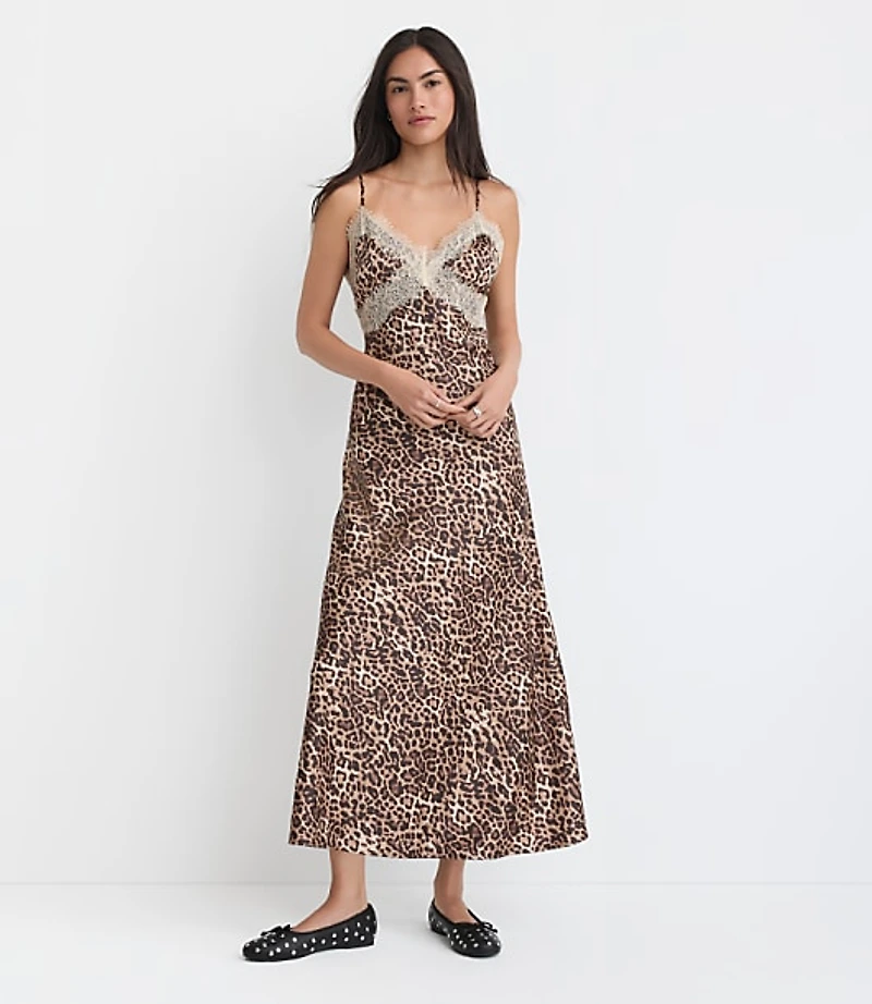 Leopard Print Lace Trim Satin Midi Slip Dress