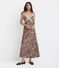 Leopard Print Lace Trim Satin Midi Slip Dress