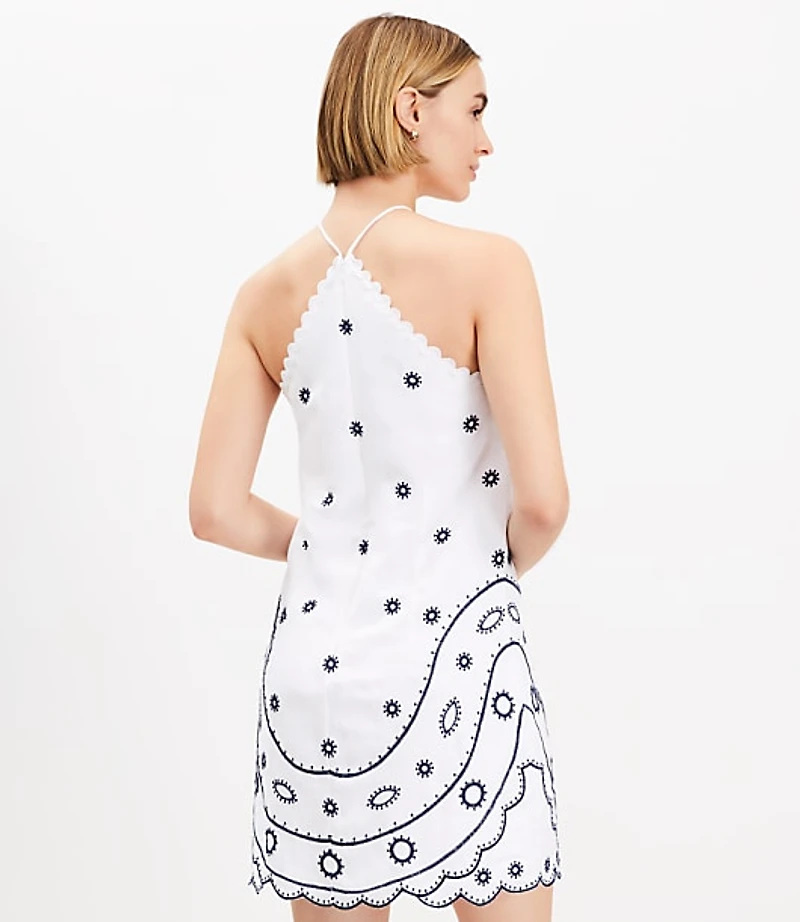Embroidered Linen Blend Mini Halter Dress