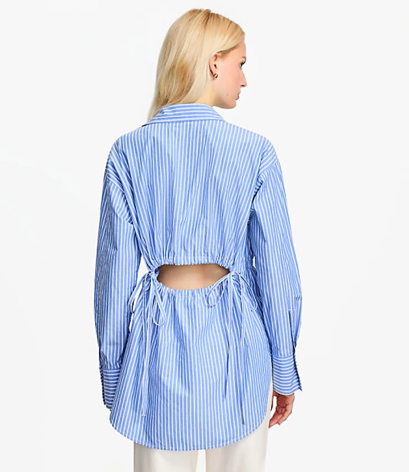 Striped Poplin Cutout Back Tunic Shirt