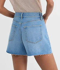 Rivete Tall Curvy High Rise Cut Off Denim Shorts in Mid Wash