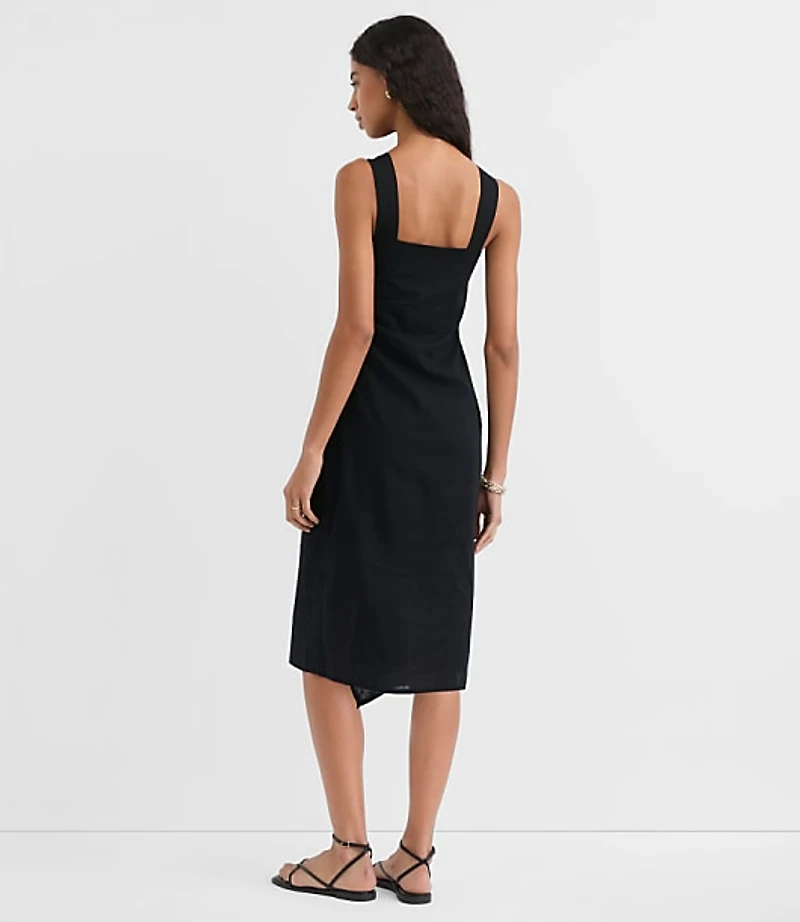 Ruched Linen Cotton Square Neck Midi Dress