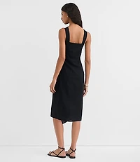 Ruched Linen Cotton Square Neck Midi Dress