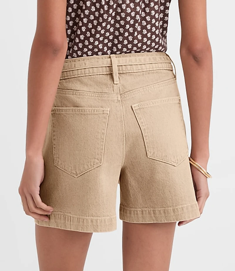 Petite Curvy Belted Denim Utility Shorts Washed Neutral