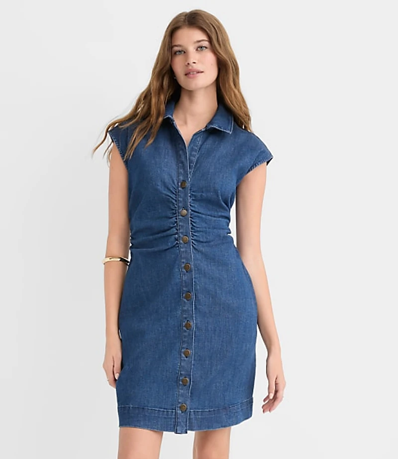 Denim Ruched Mini Pocket Dress Dark Wash