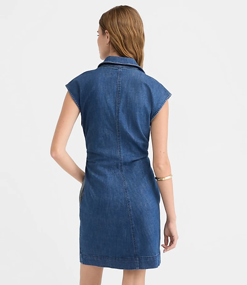 Denim Ruched Mini Pocket Dress Dark Wash