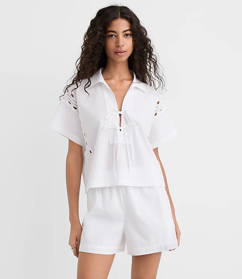 Lace Eyelet Bow Poplin Shirt