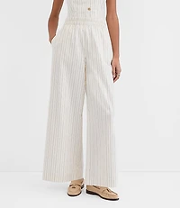 Petite Pull On Wide Leg Pants Pinstripe Cotton Linen