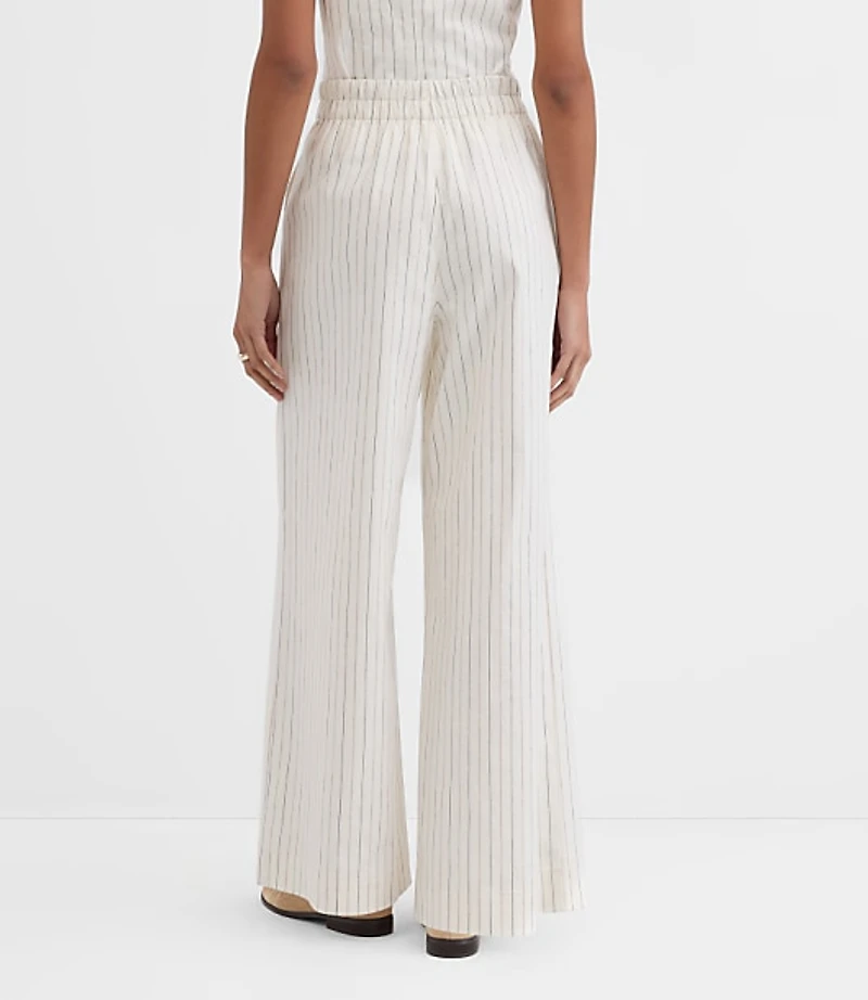 Petite Pull On Wide Leg Pants Pinstripe Cotton Linen