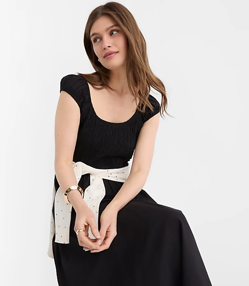 Smocked Cap Sleeve Midi Pocket Dress