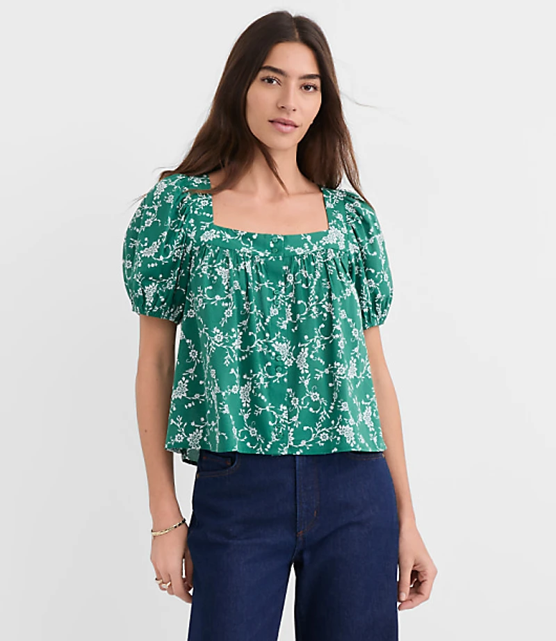 Petite Bouquet Puff Sleeve Square Neck Blouse