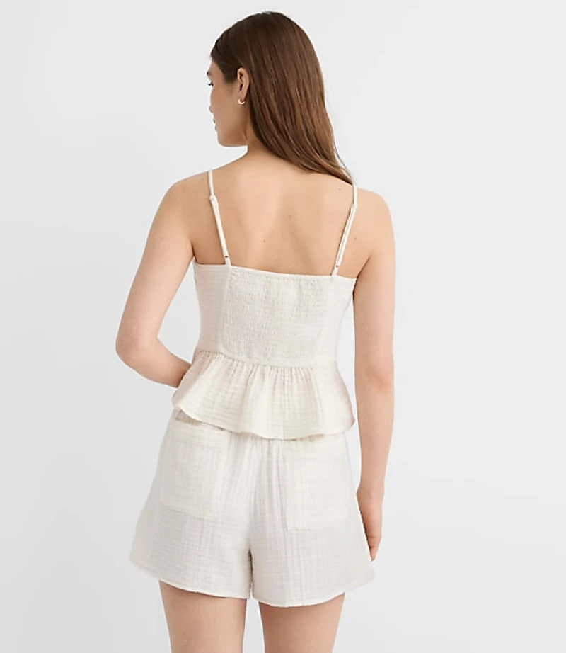 LOFT Beach Strappy Ruched Triple Cloth Peplum Top