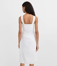 Petite Ruched Linen Cotton Square Neck Midi Dress