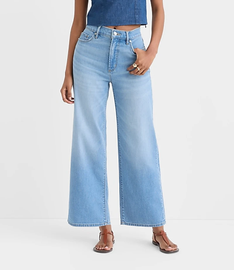 Rivete Petite High Rise Wide Leg Crop Jeans Bright Medium Stonewash