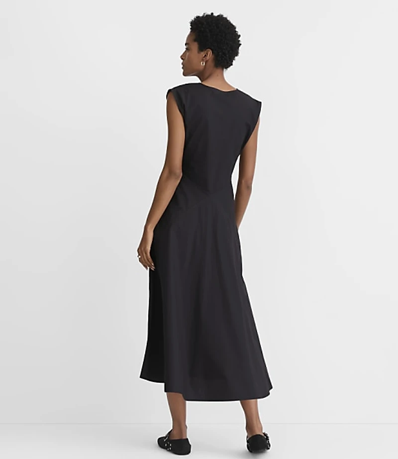 Topstitched Poplin V-Neck Midi Dress