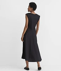 Topstitched Poplin V-Neck Midi Dress