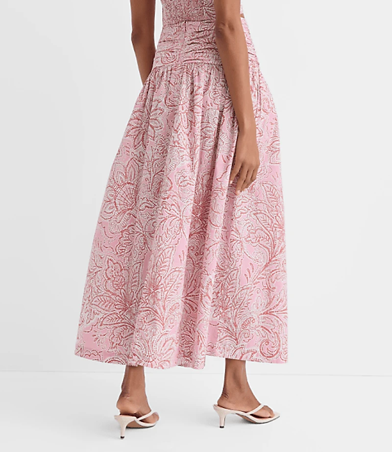 Floral Ruched Poplin Midi Skirt
