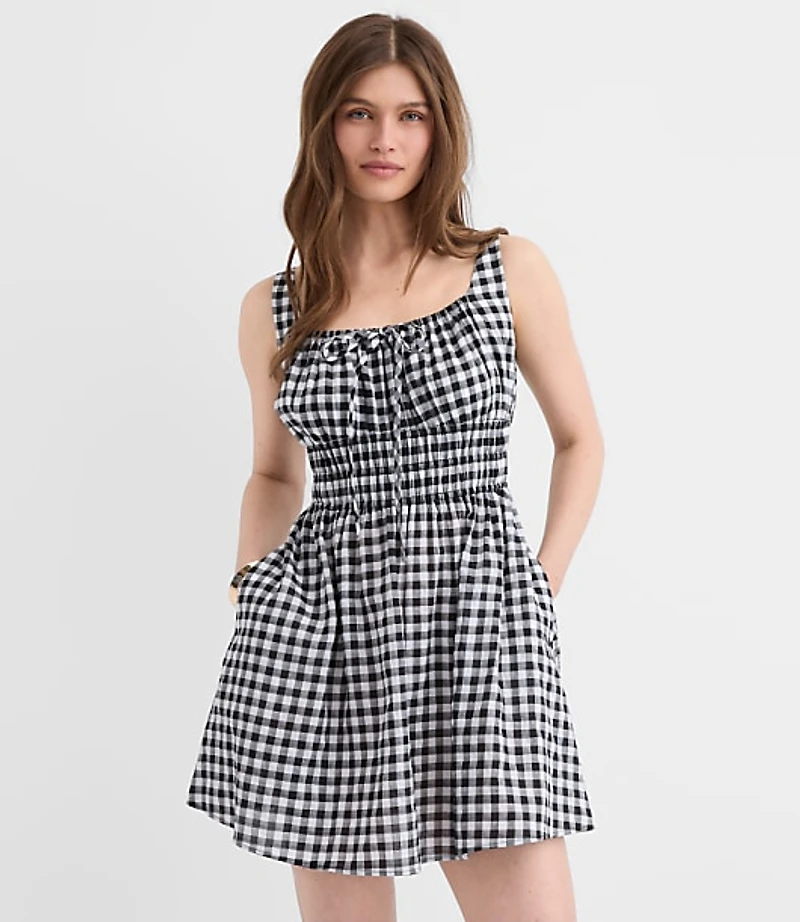 Petite Gingham Smocked Mini Pocket Dress
