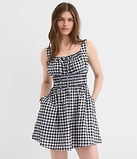 Petite Gingham Smocked Mini Pocket Dress