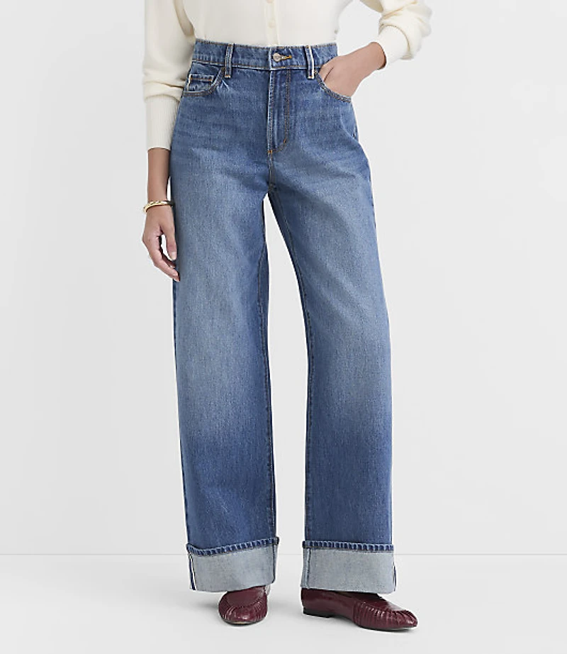Rivete Selvedge Cuffed High Rise Wide Leg Jeans Medium Stone Wash