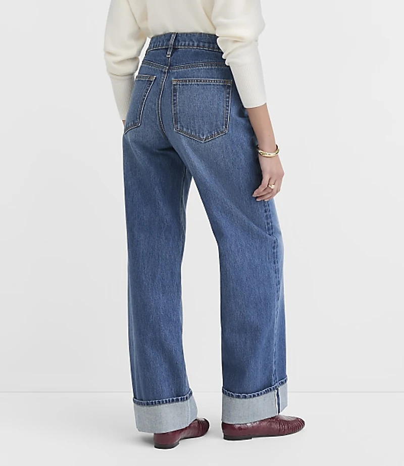 Rivete Selvedge Cuffed High Rise Wide Leg Jeans Medium Stone Wash