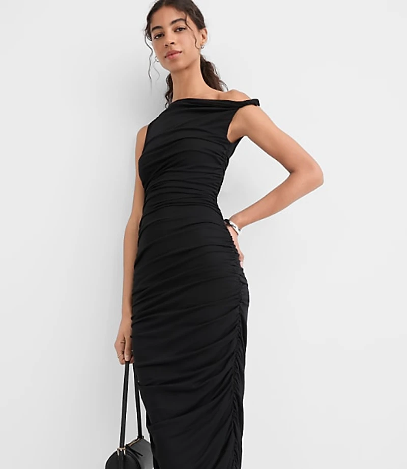 Petite Mesh Ruched One Shoulder Midi Dress