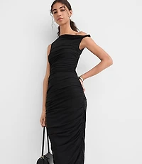 Petite Mesh Ruched One Shoulder Midi Dress