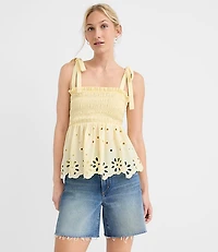 Petite Floral Eyelet Tie Strap Smocked Peplum Cami