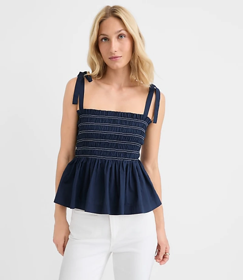 Petite Topstitched Poplin Tie Strap Smocked Peplum Cami