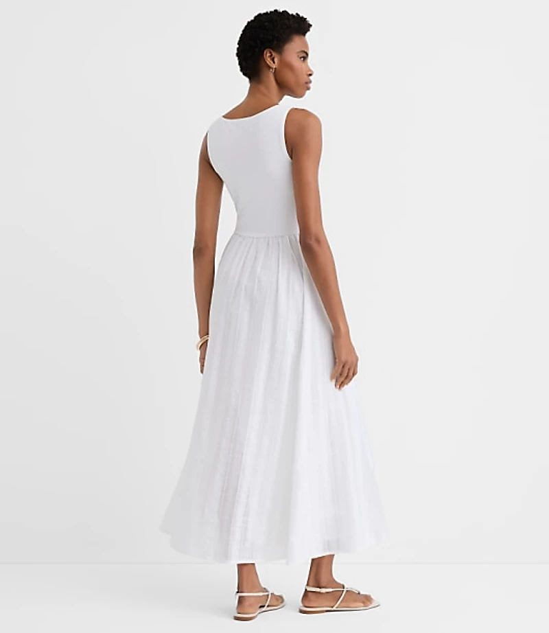 Stripe Ruched Mixed Media Midi Pocket Dress