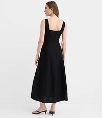Petite Linen Cotton Seamed Midi Pocket Dress