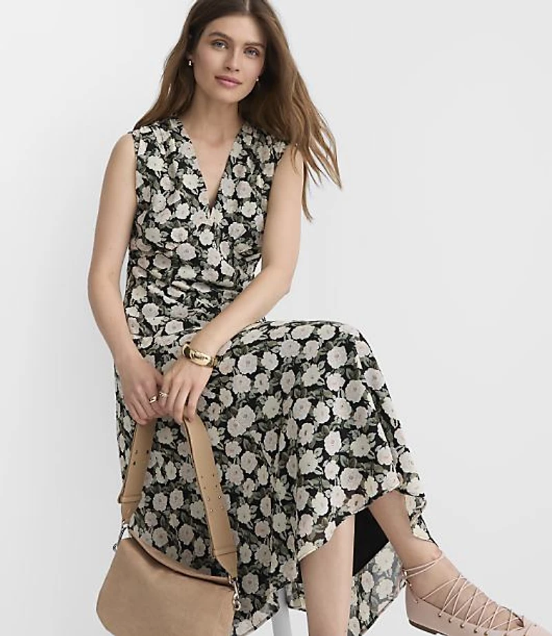 Floral Topstitched V-Neck Midi Dress